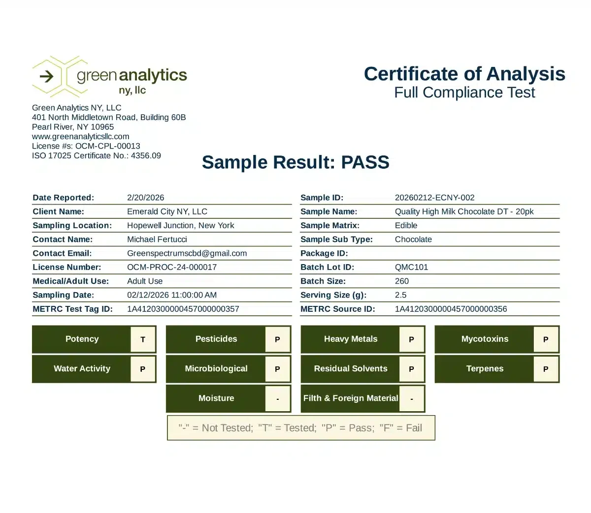 Certificate of analysis for a chocolate edible sample shows a “PASS” result for multiple tests including pesticides, heavy metals, and mycotoxins, with detailed sample info and license numbers.