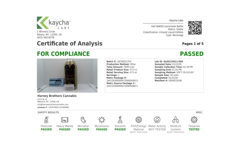 Certificate of Analysis for Harney Brothers Cannabis showing all compliance tests passed, with product details, batch numbers, and safety test icons displayed.