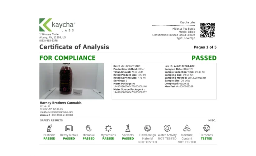 Certificate of Analysis from Kaycha Labs for Harney Brothers Cannabis edibles, showing compliance as PASSED with details on batch, lab info, and safety results.