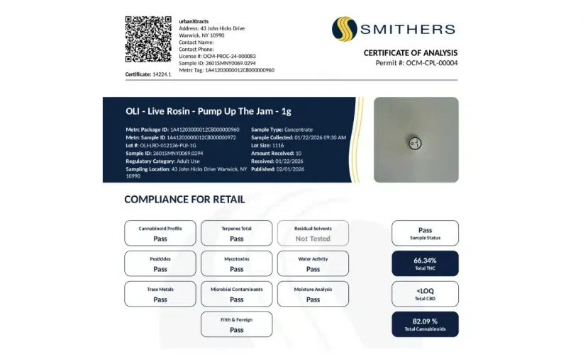 Certificate of analysis for OLI Live Rosin, showing compliance results, cannabinoid percentages, and a sample image under the Smithers laboratory header.