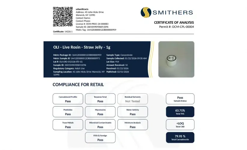 Lab certificate for OLI Live Rosin Straw Jelly 1g, showing test results for potency, safety, and compliance, with a product photo and the Smithers logo at the top.